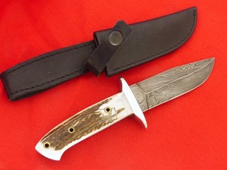 Unbranded stag custom handmade USA fixed blade mint Damascus hunter knife