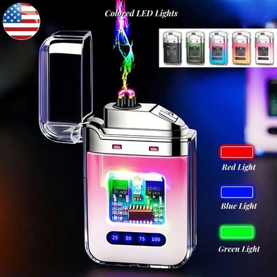 Windproof Double Arc Lighter, USB Rechargeable Electronic Lighter w/ 3 Color LED