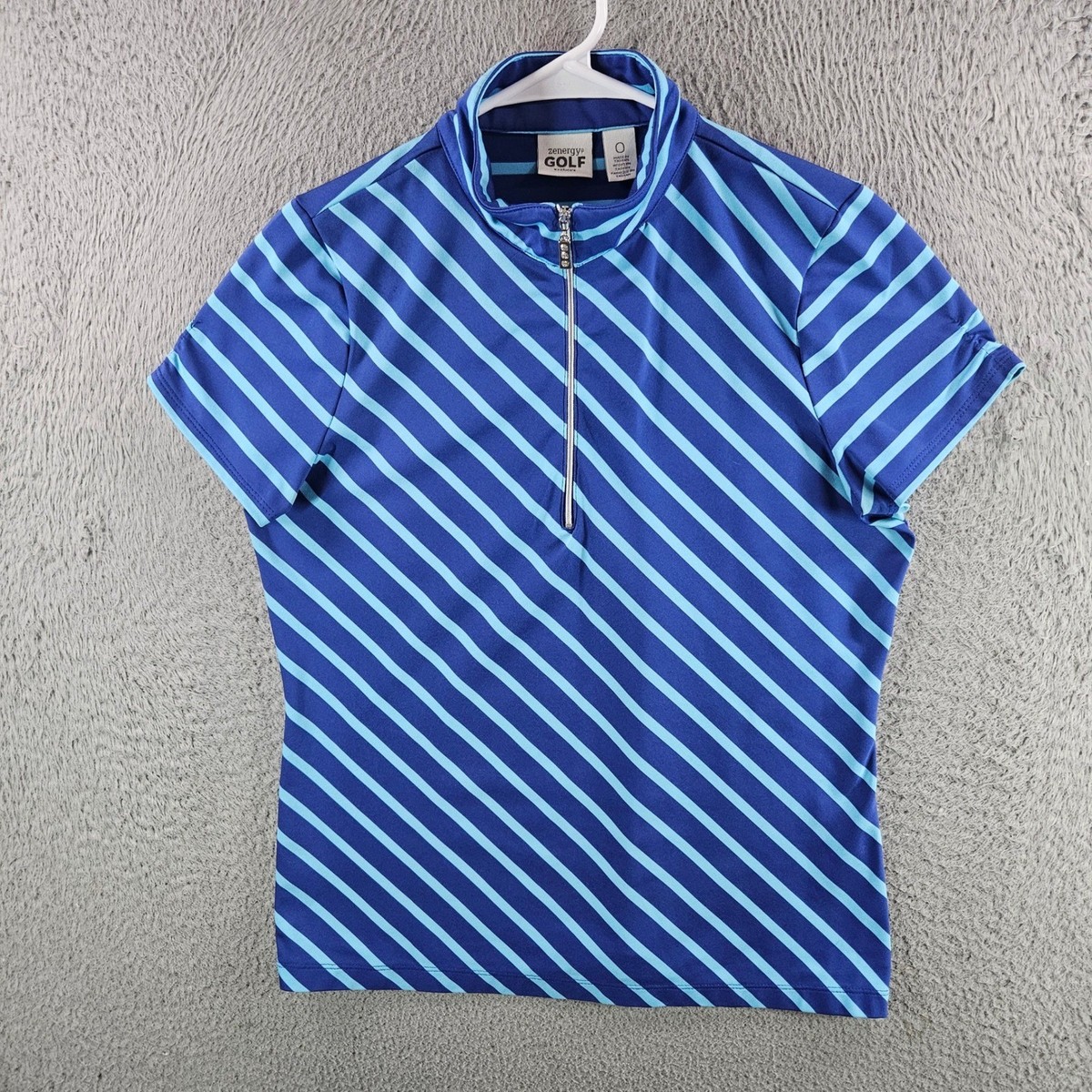 Chico's Zenergy Golf Womens Blue Striped Quarter Zip Polo Shirt