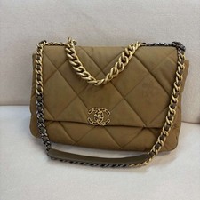 Chanel 19 Large Khaki Quilted Nylon Flap Bag Mixed Gold Silver Hardware