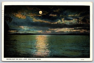 1928 Moonlight on Gull Lake Brainerd Minnesota Vintage Postcard A195