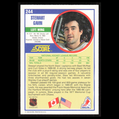 ICE バンドスコア　from 1994 to 1999「TRUTH」 Stewart Gavin #244 1990 Score Minnesota North Stars Hockey Card