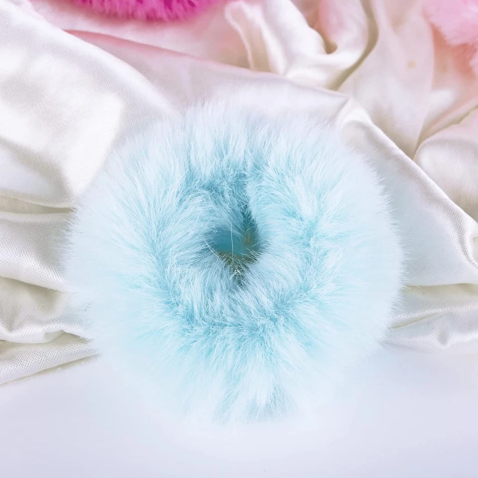 2 PCS Light Blue Pom Pom Hair Tie Fuzzy Scrunchies Furry Hair Bands with Faux Ra - Image 3 of 4