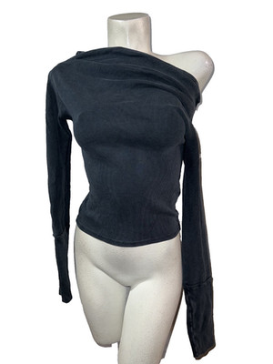 We the Free Top Gigi Long Sleeve Tee Sz M Off Shoulder Dark Grey Ribbed Stretch