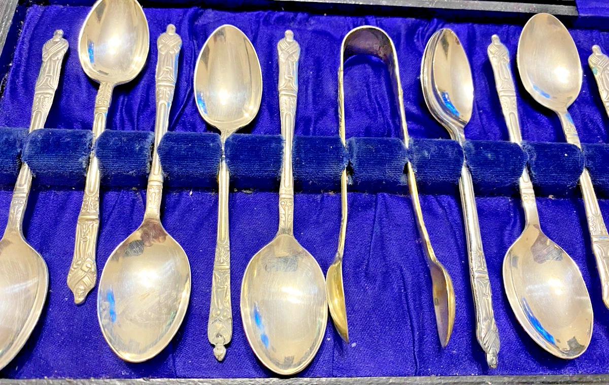 Vintage 13 Piece Silver Plated "Apostle" Spoons & Sugar Tongs Set - Cased