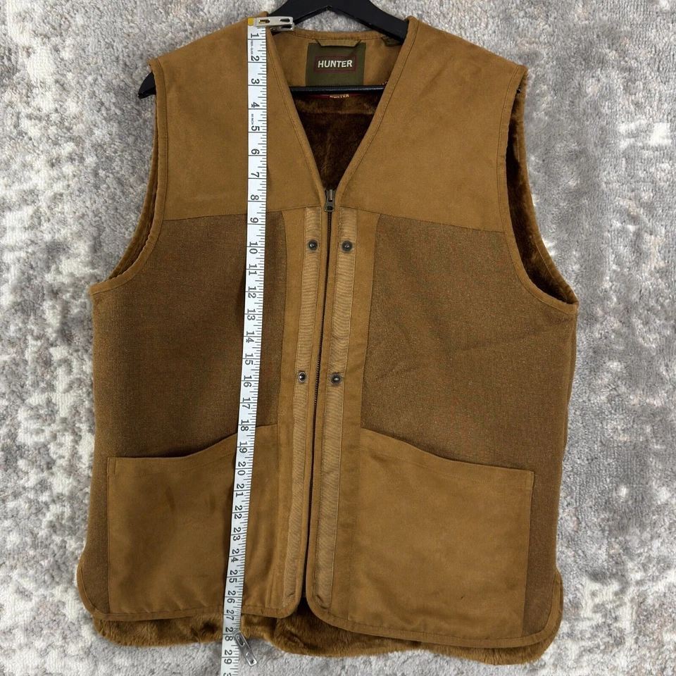Hunter Mens Sz S V Neck Faux Fur Lining Vest Brown Sleeveless Outdoor Zip Casual - Image 2 of 4