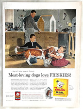 Anuncio de revista 1956 para comida para perros Friskies - Basset Hound amante de la carne, arte Crockwell