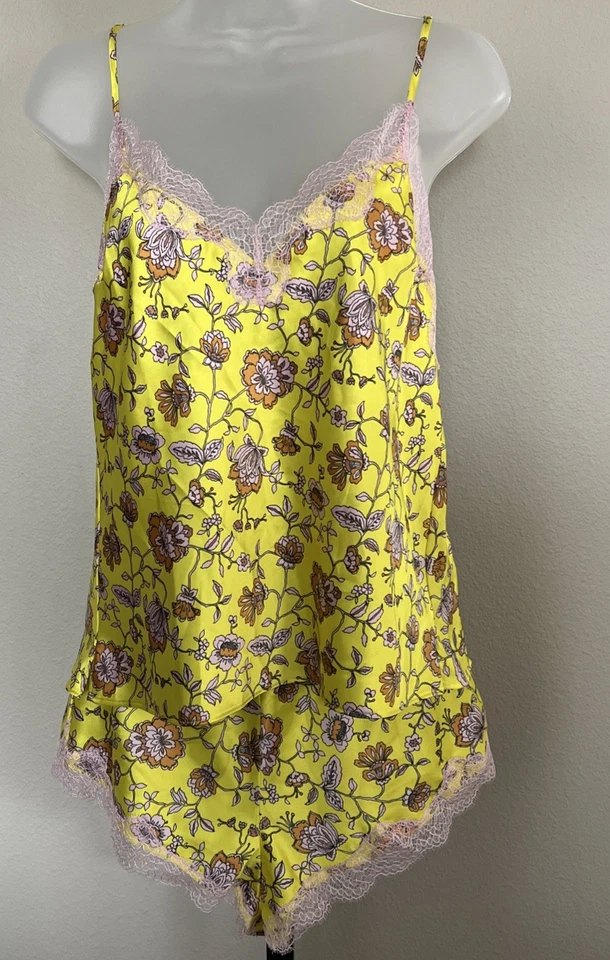 VINTAGE VICTORIA SECRET CAMI & SHORTS Yellow Pink Lace Floral Medium - Image 2 of 4