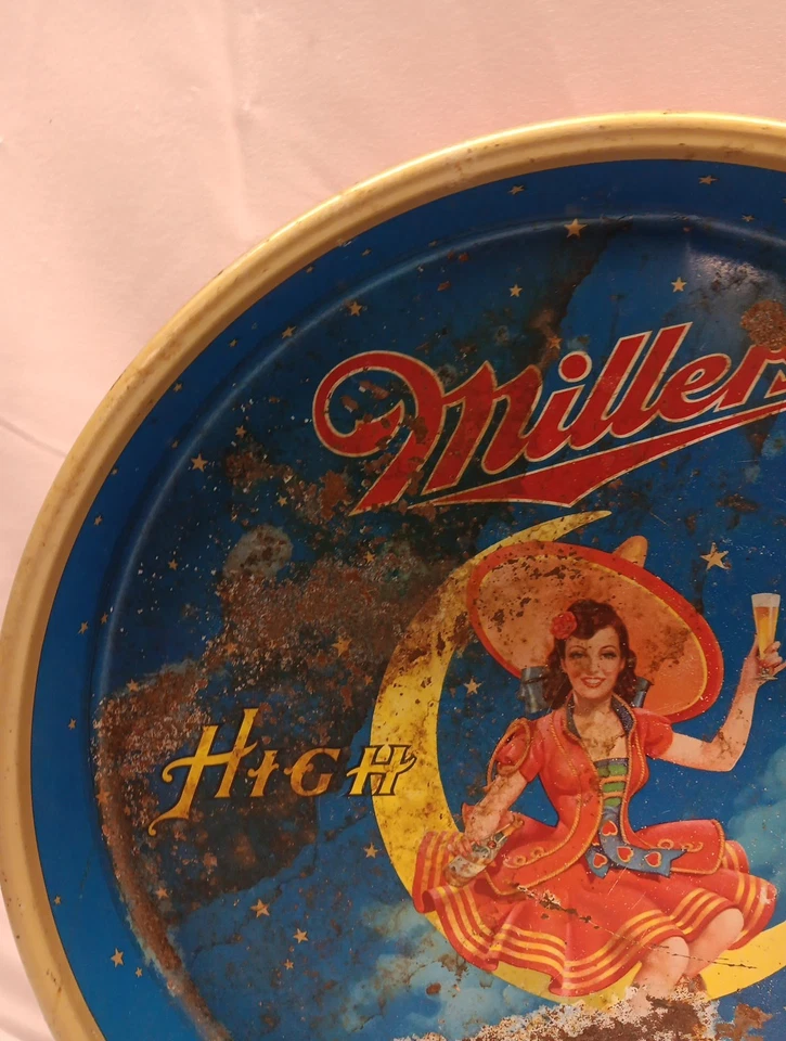 Vintage Miller High Life Beer Serving Tray Girl On The Moon 13” - Image 2 of 4
