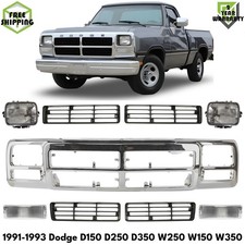 Front Grille Assembly Chrome Plastic & Headlights Kit For 1991-1993 Dodge D150