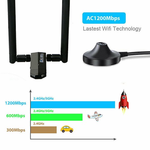 USB 3.0 1200Mbps Long Range AC1200 Dual Band 5GHz Wireless WiFi Adapter Antennas - Afbeelding 6 van 9