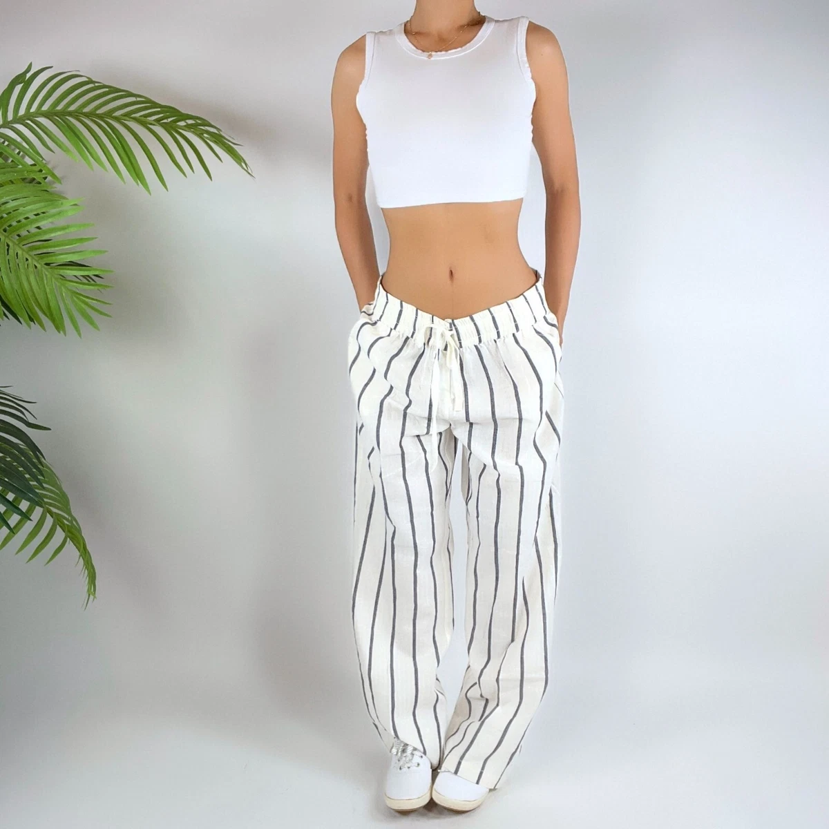 Vintage Y2K White Striped Coastal Grandma Low Rise Baggy Linen Pants /  Size: L