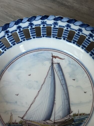 Makkum Dutch Wandteller 7,75" Segelboot Schiff blau Kunstkeramik signiert - Bild 4 von 11