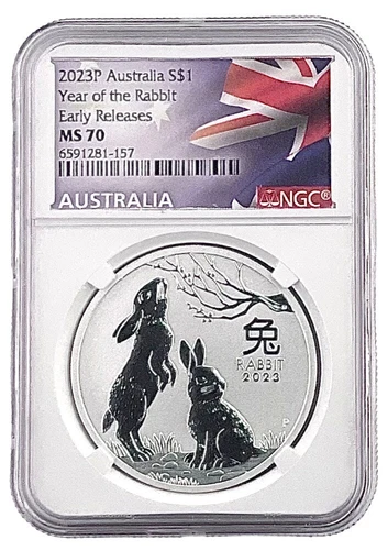 2023 Australia 1oz Silver Lunar Rabbit NGC MS70 Early Releases - Flag Label