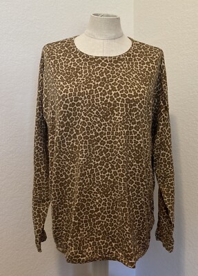 J Jill shirt Sz Large tan brown leopard print knit top L/S animal 1443