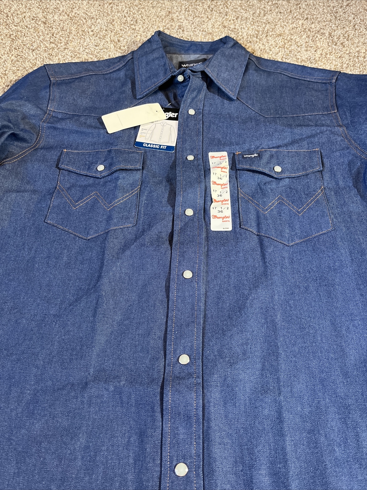 Wrangler NWT Dark Blue Denim Pearl Snap Shirt Mens 17.5 (36) Western ...
