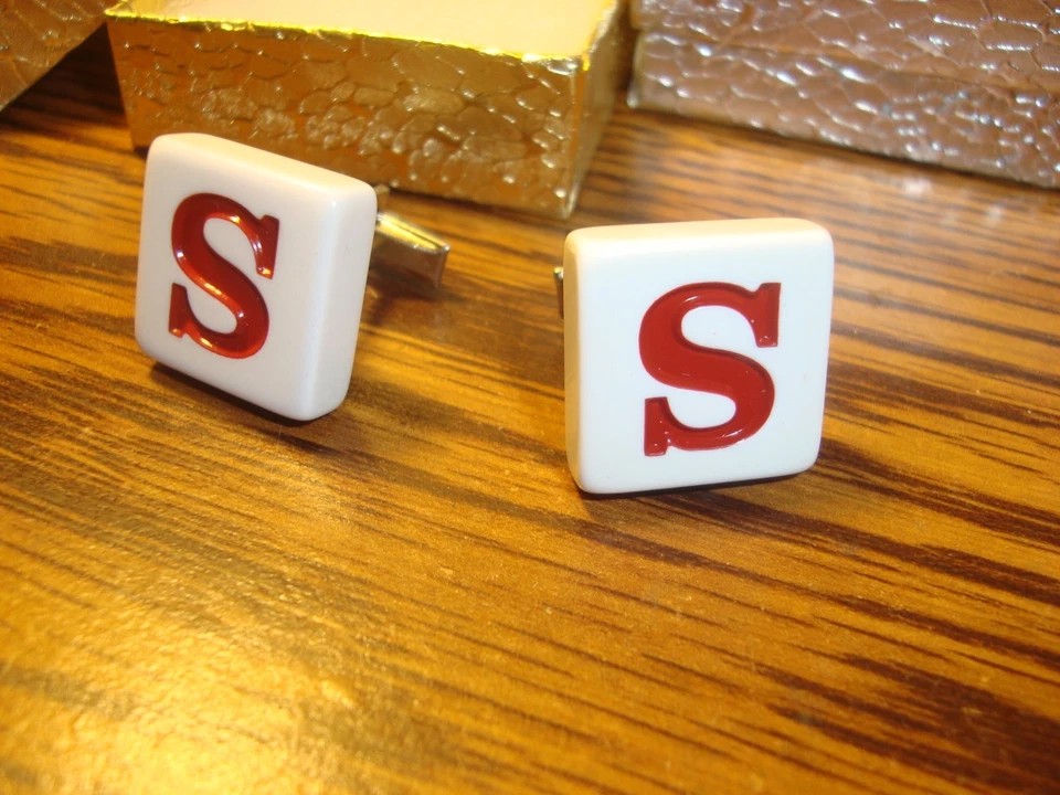 " S " Monogram Letter Initial SILVER Plated Cufflinks 1 Pair (Two) Red/White - Image 3 of 3