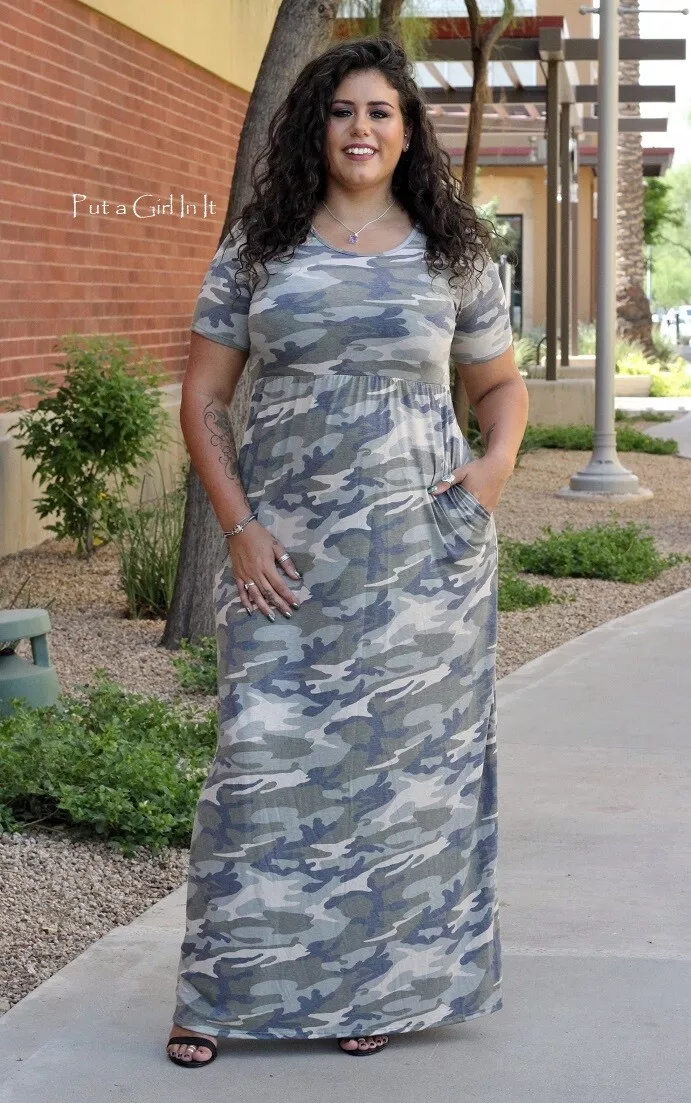 New PLUS SIZE Womens SOFT USA CAMO CAMOUFLAGE MAXI DRESS POCKETS XL 1X 2X