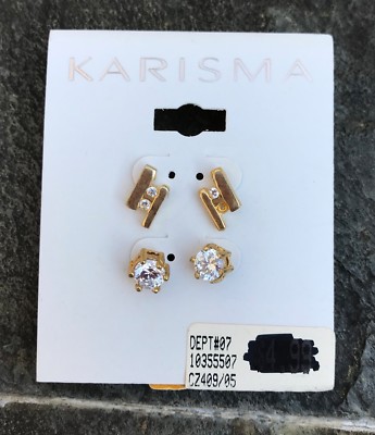 Karisma 2 Pairs of Gold Tone Small Crystal Stud Pierced Earrings NEW