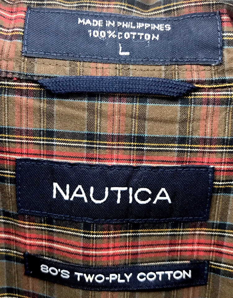 Camisa vintage con botones Nautica para hombre talla grande manga larga marrón verde a cuadros Foto 3 de 4