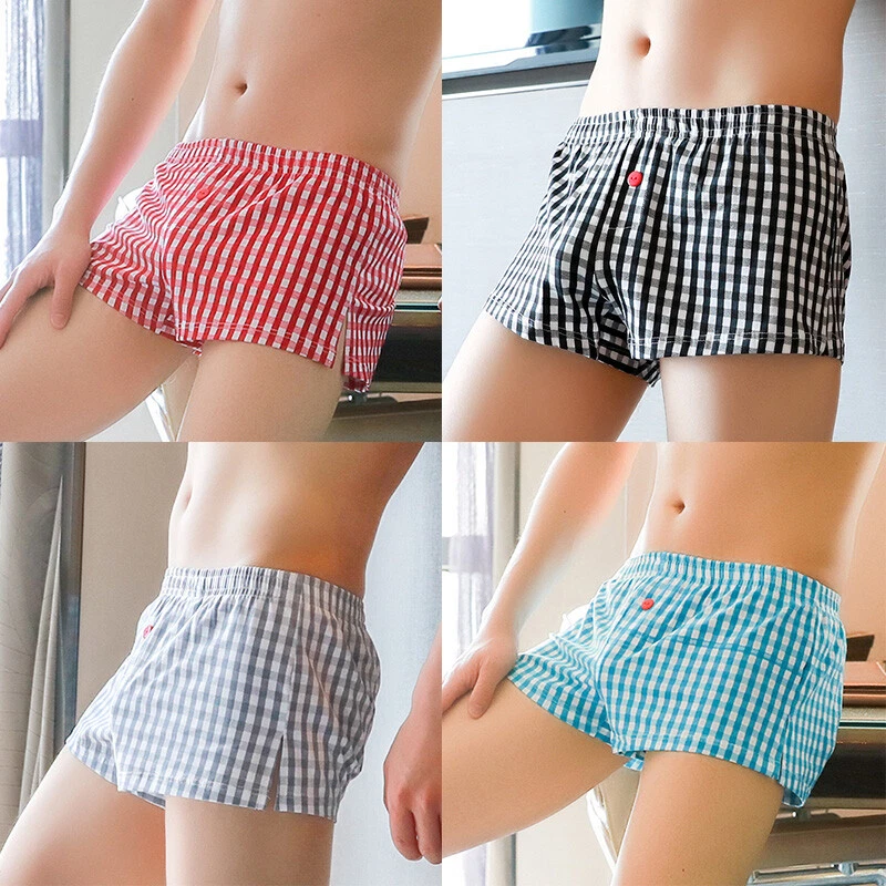 US Men Plaid Woven Boxer Briefs Shorts Loose Cotton Pajama Underwear  Underpants