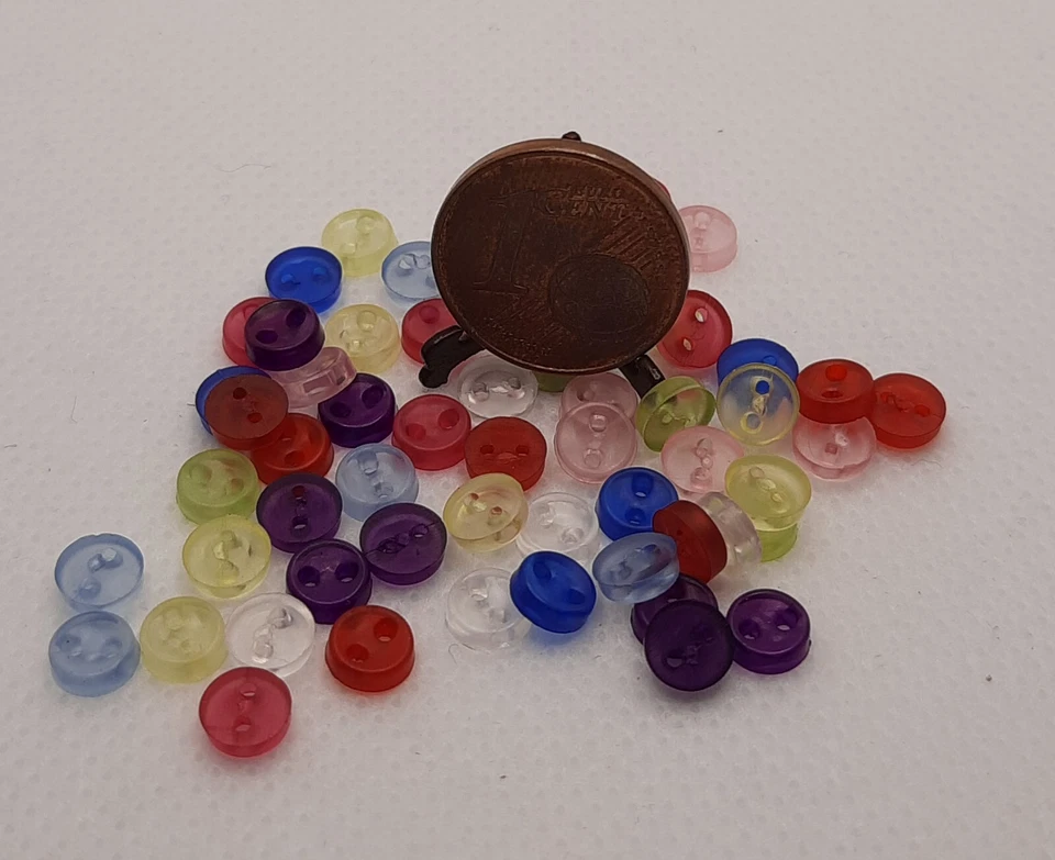 10 Mini-Knöpfe, 5 mm Ø, Farbwahl, für d. Miniatur-Schneiderei, semi-transparent - Bild 2 von 2