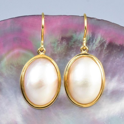 Pendientes Blanco Mabe Perla Ovalado & 18K Oro Vermeil Sobre 925 Ley Plata 5.34g - Imagen 2 de 12