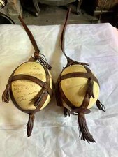 Pair Signed Leather Wrapped AntiqueOstrich Eggs Safari Memorabilia Vintage Charm