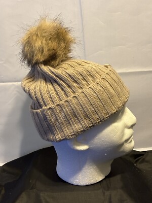 Calvin Klein Knit Faux Fur Pom Pom Ski Beanie Winter Hat Cap 
