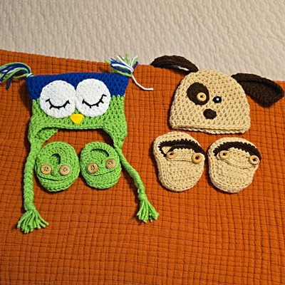 Handmade Crochet Baby Beanie Hat & Booties Set Owl Dog Ear Flap Green Blue