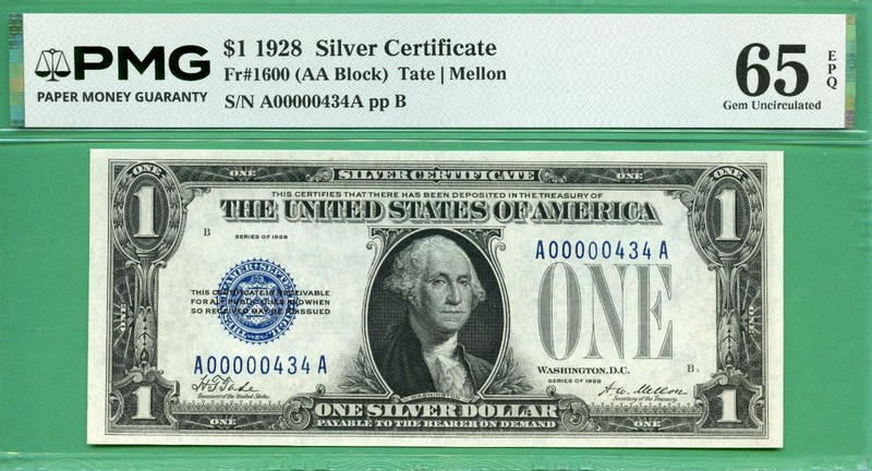 434th NOTE - LOW 3 DIGIT SERIAL - A 00000434 A - 1928 $1 SC - PMG GEM 65 EPQ