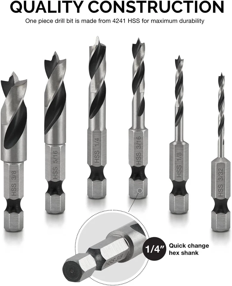 NEIKO 11401A 6 Piece Brad Point Drill Bit Set, Stubby Set 6  - Image 2 of 4