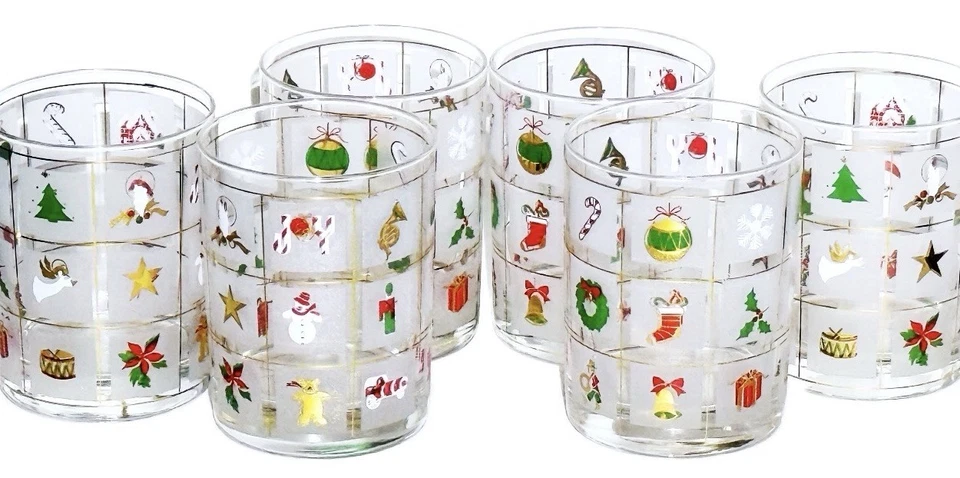 Six Vintage Culver 24K Christmas Old-Fashioned Glasses Santa Presents Tree - Image 3 of 4