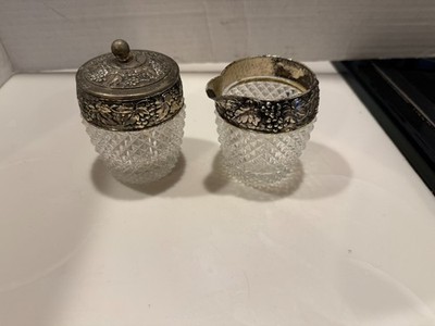 Glass Creamer and Covered Sugar Diamond Point Silver-Tone Trim Leaves Grapes