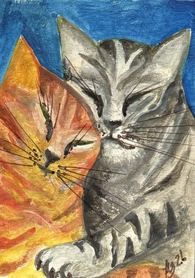 ACEO Original Aquarell Katze Katze Ingwer Grau Große Schnurrhaare Freunde Rub Schnurren