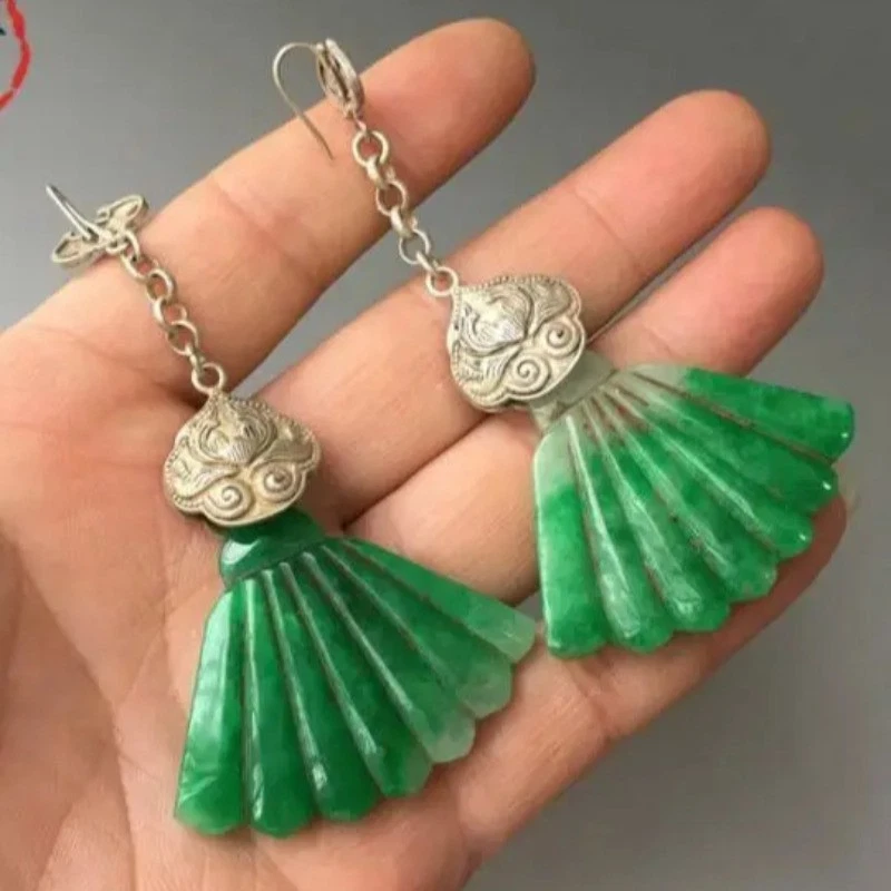1Pair Chinese Retro Jade Ming Qing Dynasty Jadeite Tibetan Silver Earrings - Image 2 of 4