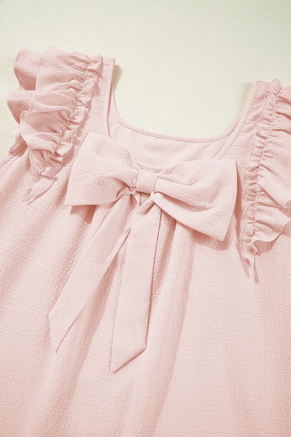 Light Pink Mini Dress L Square Neck Flutter Sleeve Bow Back Textured UK 12 14 image 5