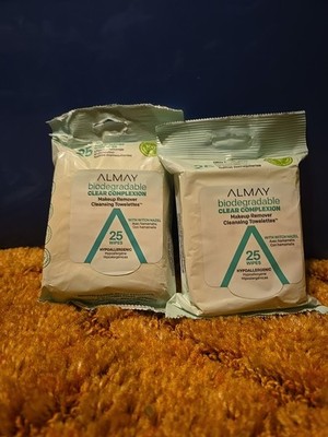 LOT OF 2 - Almay Biodegradable Makeup Remover Cleansing Towelettes  Wipes 25CT 