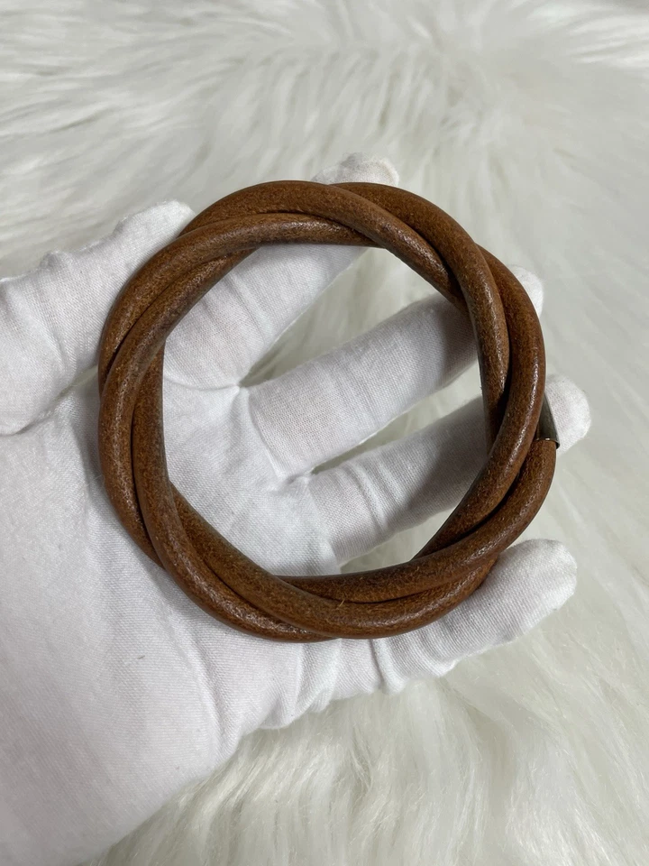 Pulsera Hermes Tornado Cuero Marrón Hebilla Plateada Auténtica Foto 4 de 4