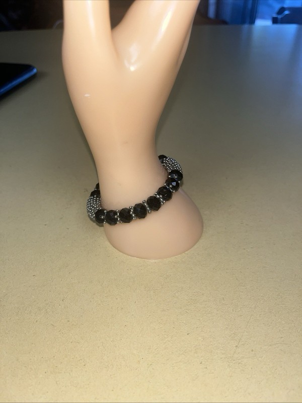 Black crystal bead Stretch Bracelet with silver tone spacers