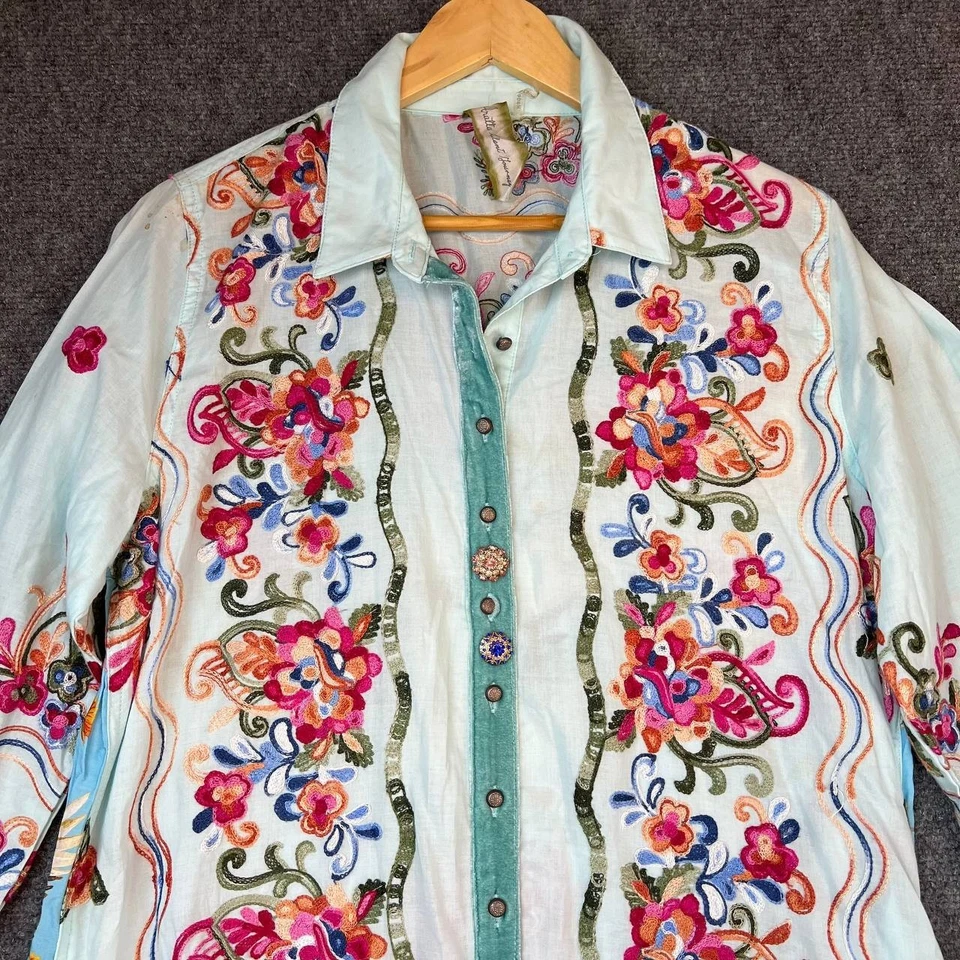 Johnny Was Embroidered Long Shirt Dress ED24B75 Floral Boho Velvet Trim M - Image 2 of 4