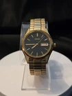 Seiko Day Date Gold Tone Watch Black Dial Quartz Stretch Band Unisex - 7N43-9048
