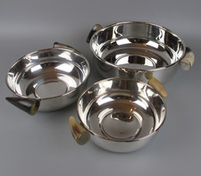3 Serving Dishes Bowls. Silver plated/metal. Horn handles. Plata Lappas Set.