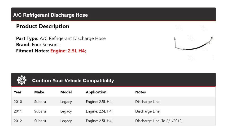 For 2010-2012 Subaru Legacy 2.5L H4 A/C Refrigerant Discharge Hose 4 Seasons - Image 2 of 4