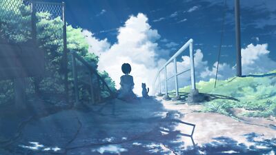 Anime girls fence artwork landscape sky clouds Playmat Gaming Mat
