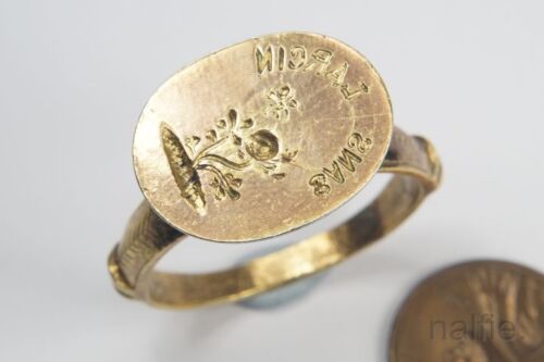 UNUSUAL LARGE EARLY ANTIQUE SILVER GILT SIGNET SEAL / GLOVE RING C1600'S? - Afbeelding 1 van 9