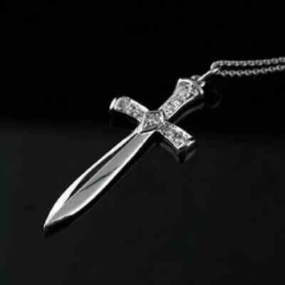 1Ct Round Cut VVS1/D Diamond Sword Cross Pendant 14K White Gold Over Free Chain