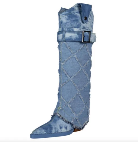 Mujeres Punta Punta Tacón Bloque Hasta la Rodilla Bota Denim Pantalones Bota Fiesta Borla Zapatos - Imagen 4 de 8