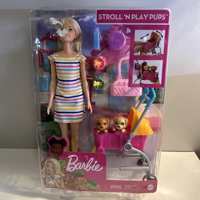 BARBIE STROLL 'N PLAY PUPS PLAYSET -TRANSFORMING STROLLER, 2 PUPS, Box Damage