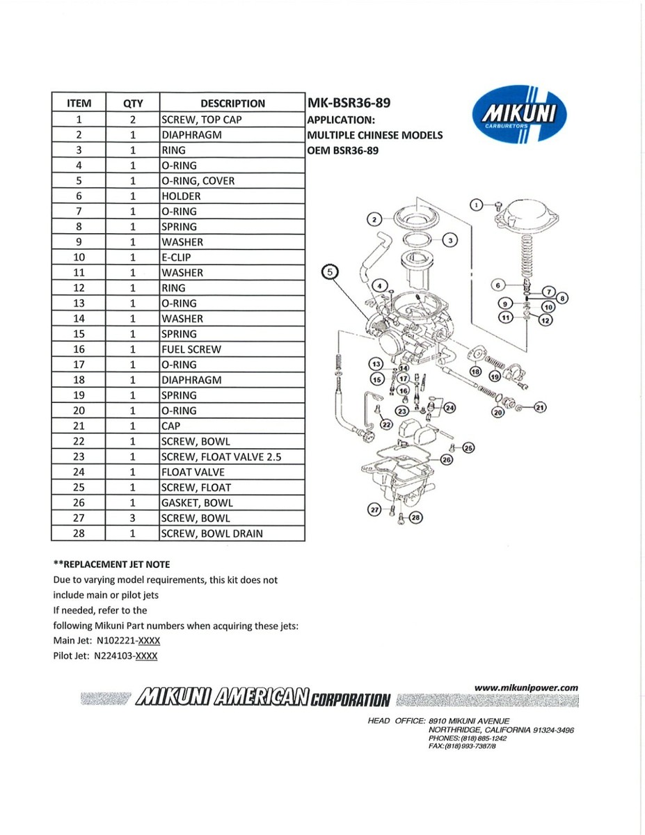 mikuni様☆専用 Genuine Mikuni Carb Rebuild Kit MK-BSR36-89 Chinese ATV